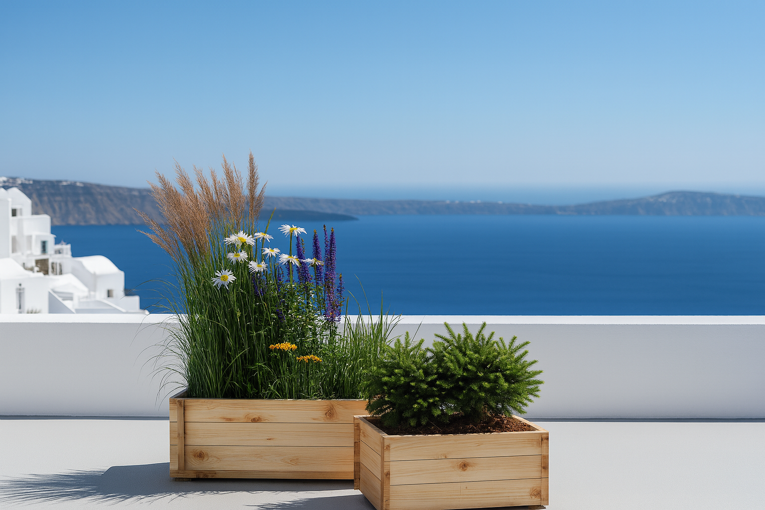 Wooden planter box on Greek seaside with blue sea view